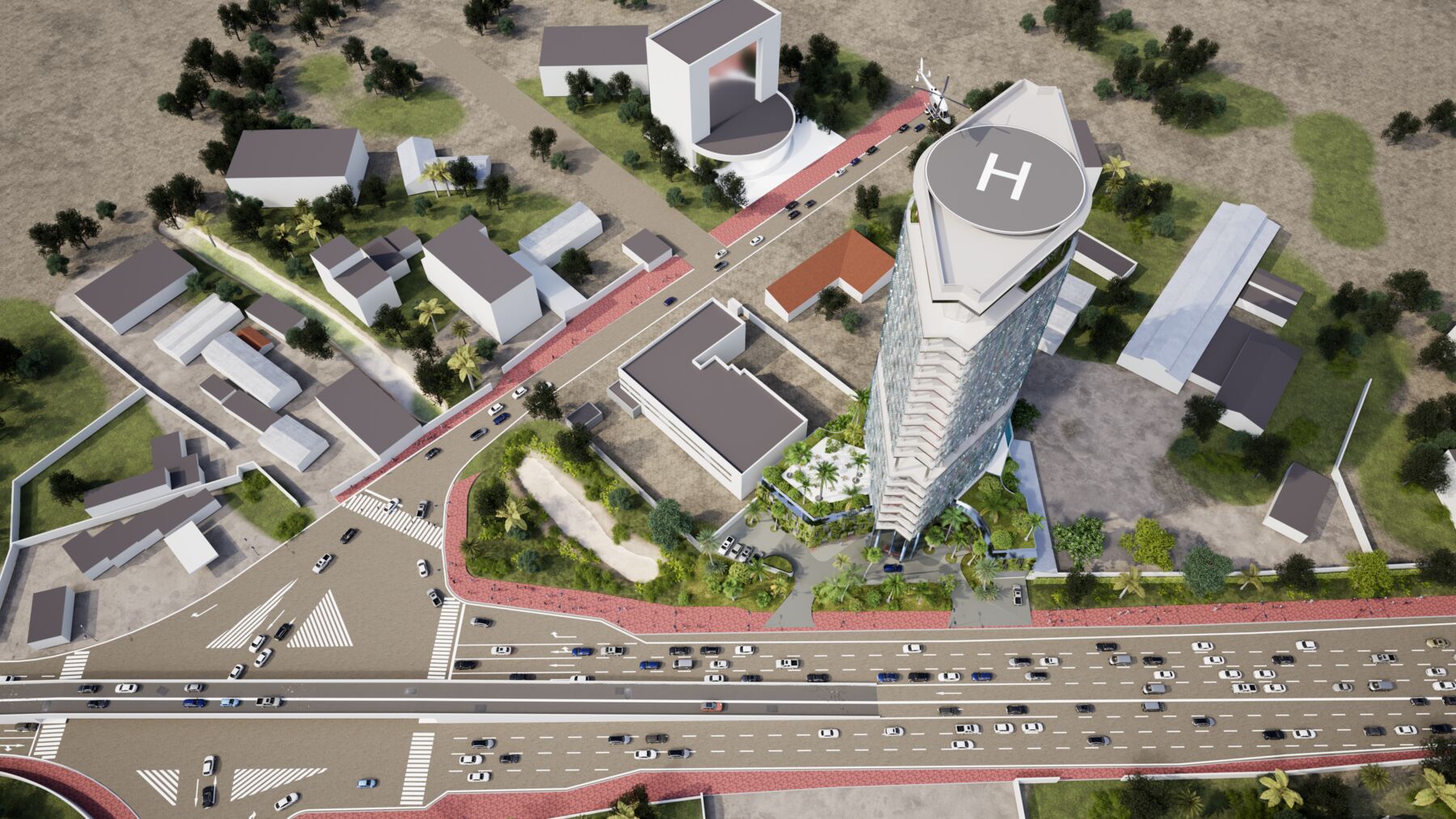 Vue aérienne et héliport